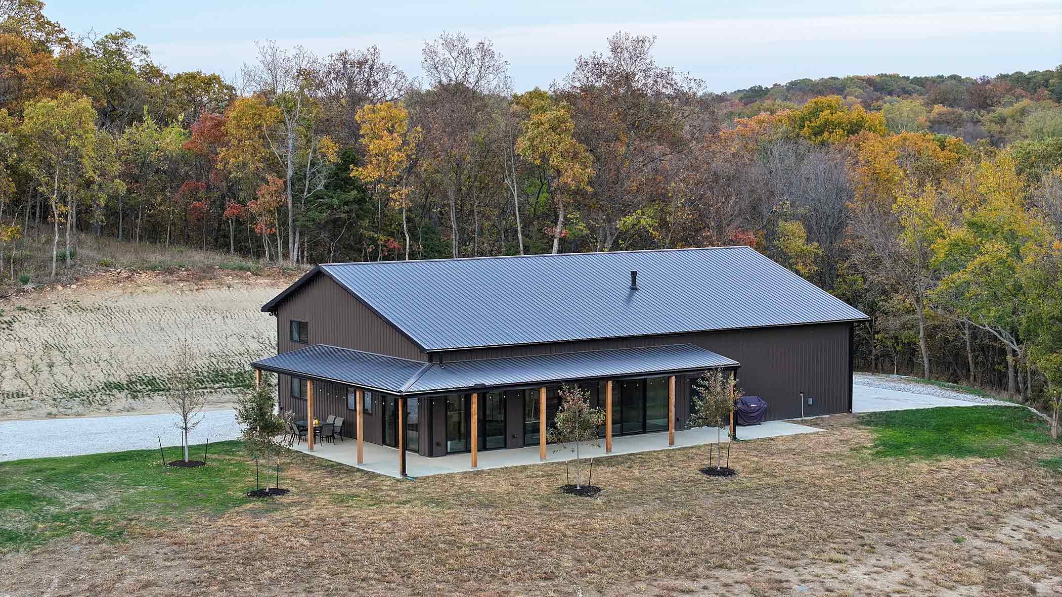Aerial view of the lodge roofline and full-length porch