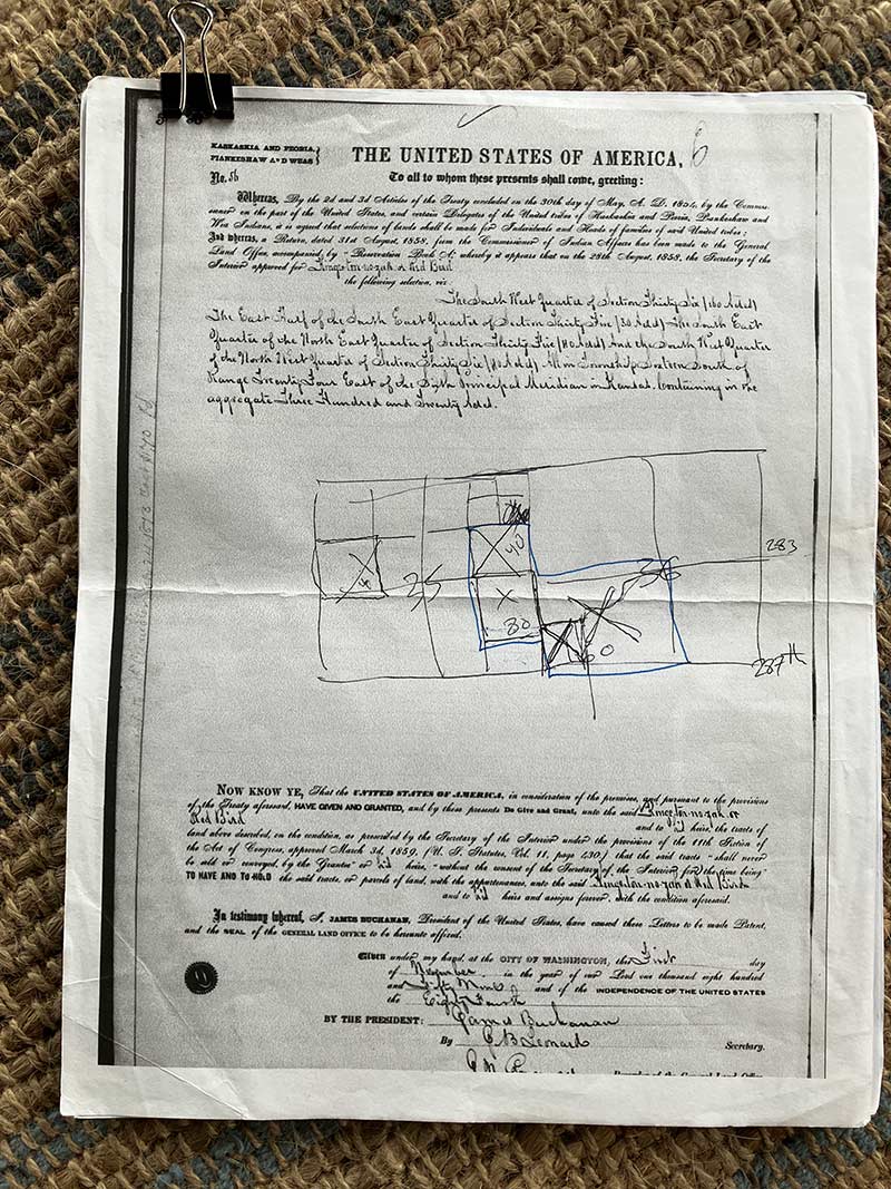 Original 1854 Buchanan land grant document signed for Red Bird of the Wea Nation